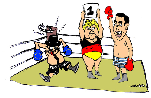 Cartoon: 1st Roound (medium) by Carma tagged greece,tsipras,merkel,eu,austerity