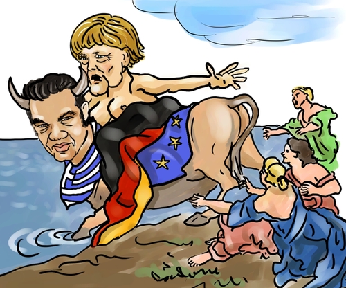 Cartoon: Zeus entführt Europa (medium) by Ralf Conrad tagged ezb,griechenland,tsipras,merkel