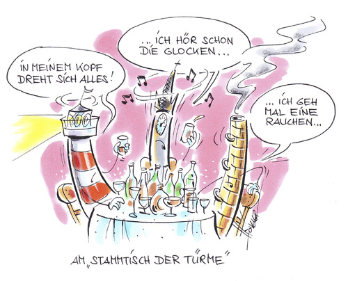 Cartoon: Stammtisch der Türme (medium) by Hoevelercomics tagged schornstein,kamin,leuchtturm,glockenturm,kirchturm,türme,turm