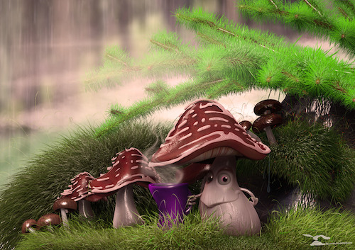 Cartoon: Mushroom likes coffee (medium) by Rüsselhase tagged mushroom,wood,rain,coffee,mud
