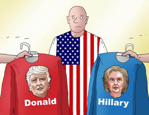 Cartoon: hilladonshirt (medium) by Lubomir Kotrha tagged hillary,clinton,donald,trump,president,election,usa,dollar,world
