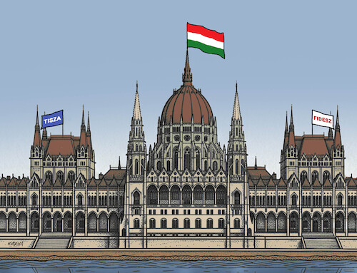 Cartoon: hunvlajky (medium) by Lubomir Kotrha tagged hungary,elections,orban,magyar,fidesz,tisza,hungary,elections,orban,magyar,fidesz,tisza