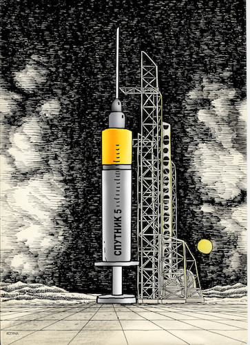 Cartoon: sputvakcin (medium) by Lubomir Kotrha tagged pandemics,vaccine,russia,sputnik,putin,pandemics,vaccine,russia,sputnik,putin,pandemie,russland,impfstoff,rakete,spritze