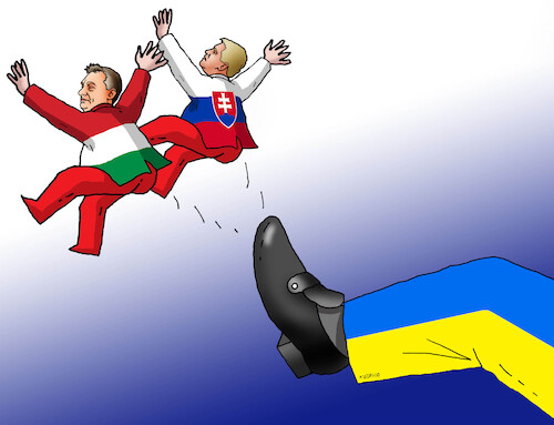 Cartoon: ukrakop26 (medium) by Lubomir Kotrha tagged ukraine,hungary,slovakia,zelensky,orban,fico,ukraine,hungary,slovakia,zelensky,orban,fico