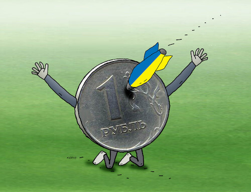 Cartoon: Russia ruble war Ukraine (medium) by Lubomir Kotrha tagged russia,ruble,war,ukraine,russia,ruble,war,ukraine