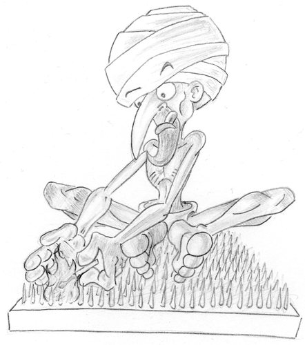 Cartoon: Nagelbettentzündung (medium) by NiRo tagged schneidersitz,streichholz,flamme,feuer,meditation,turban,yoga,yogi,nagelbett
