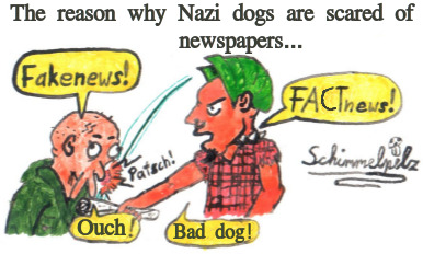 Cartoon: Fact-News (medium) by Schimmelpelz-pilz tagged skinhead,punk,double,mohawk,newspaper,newspapers,dog,taming,fakenews,bashing,smashing,hitting,hit,smash,bash