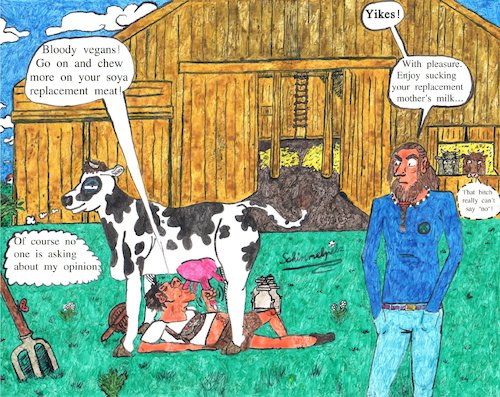 Cartoon: Replacement Food (medium) by Schimmelpelz-pilz tagged vegan,vegans,milk,cow,soya,soy,meat,replacement,farmer,barn,dung,fork,vegetarian,pitchfork,barnyard,farm