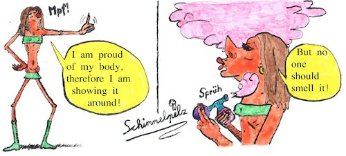 Cartoon: Smelling Pride (medium) by Schimmelpelz-pilz tagged perfume,smell,smelling,proud,pride,body,half,naked,nude,paradox,paradoxes,paradoxic,paradocial,paradoxal