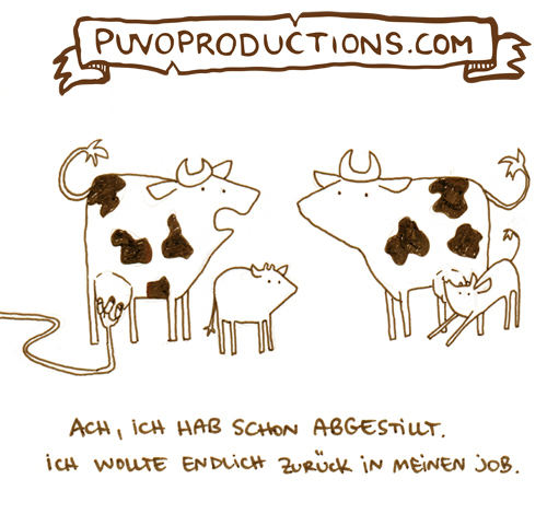 Cartoon: Abgestillt. (medium) by puvo tagged job,beruf,frau,kind,kuh,milch,schwanger,mutter,arbeit,milchkuh