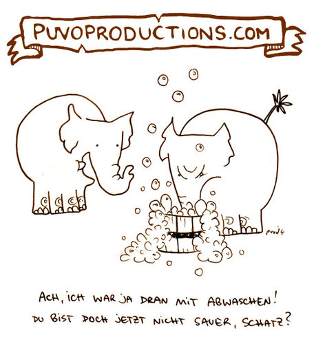 Cartoon: Abwaschen. (medium) by puvo tagged abwaschen,wash,dishes,elephant,elefant,ehe,marriage,streit,hausarbeit,work,home,argument,couple,paar