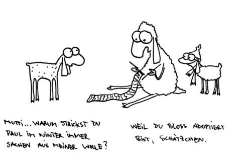 Cartoon: Adoptiert. (medium) by puvo tagged schaf,adoptiert,mutter,stricken,wolle