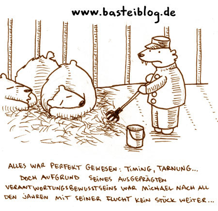 Cartoon: Auf der Flucht. (medium) by puvo tagged bear,bär,zoo,flucht,escape,wärter,keeper,cage,käfig