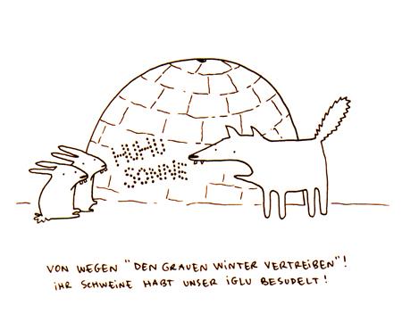 Cartoon: Huhu Sonne. (medium) by puvo tagged iglu,winter,schnee,snow,hase,rabbit,wolf,sommer,summer