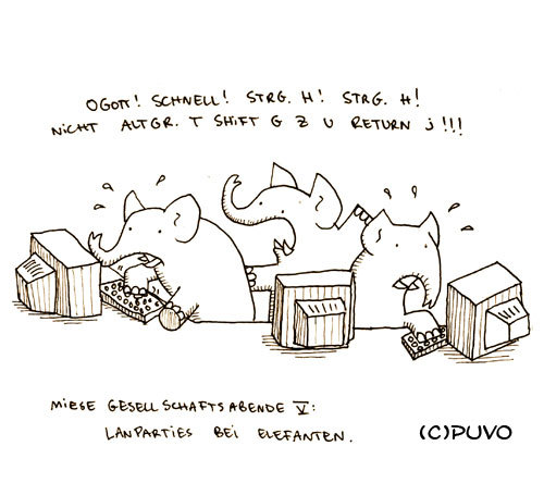 Cartoon: Miese Gesellschaftsabende V. (medium) by puvo tagged elefant,lan,party,computer,pc,keyboard