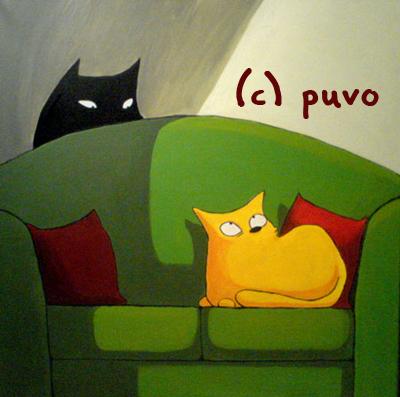 Cartoon: Pfeifende Katze (medium) by puvo tagged katze,pfeifen,hund,sofa,cat,dog,whistle