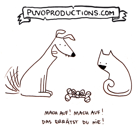 Cartoon: Vorfreude. (medium) by puvo tagged geschenk,hund,katze,dog,cat,present,weihnachten,christmas,verpackung,packing,pack,knochen,bone