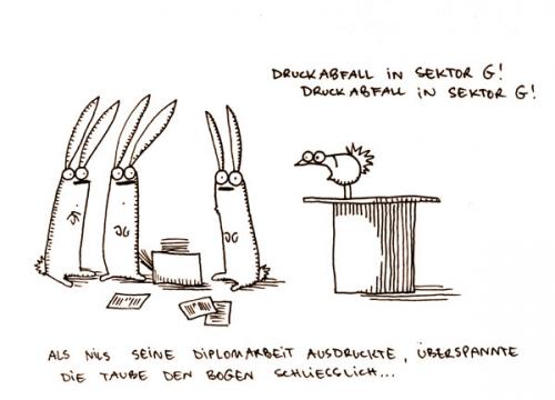 Cartoon: Zaubertaube - Druckabfall (medium) by puvo tagged zaubertaube,drucken,drucker,diplomarbeit,magic,dove,print,printer,diploma,thesis,
