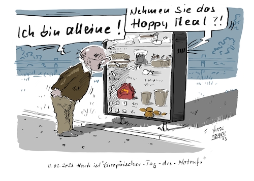 Cartoon: 11.02.2023 (medium) by Jori Niggemeyer tagged senior,einsamkeit,notruf,notrufsäule,alleinsein,allein,gesellschaft,alter