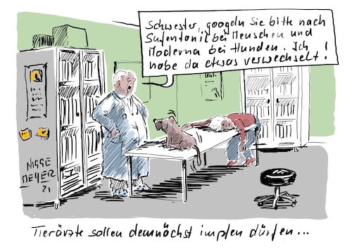 Cartoon: Demnächst dürfen... (medium) by Jori Niggemeyer tagged tierarzt,corona,omicron,impfung,niggemeyer,joricartoon,tierarzt,corona,omicron,impfung,niggemeyer,joricartoon,arztpraxis,liege,hund,arzt,impfen