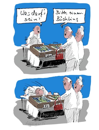 Cartoon: Der Bückling... (medium) by Jori Niggemeyer tagged dienstleistung,fisch,fischverkauf,bückling,diener,humor,markt,verkauf,dienstleistung,fisch,fischverkauf,bückling,diener,humor,markt,verkauf