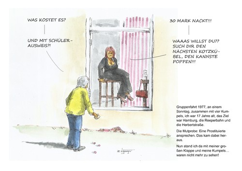 Cartoon: Die Mutprobe... (medium) by Jori Niggemeyer tagged hamburg,herbertstraße,rotlicht,prostituierte,mut,mutprobe,pubertät,sonntag,reeperbahn,niggemeyer,joricartoon,cartoon,karikatur