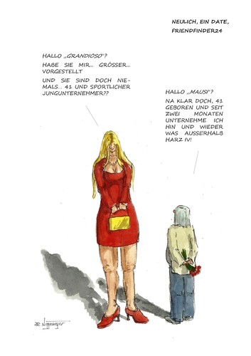 Cartoon: Dumm gelaufen (medium) by Jori Niggemeyer tagged strategie,spiel,illusionen,lügen,treffen,internet,date,ausprobieren,kaufhaus,liebe,flirten,verschweigen,niggemeyer,joricartoon,cartoon
