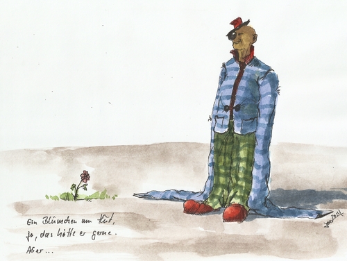 Cartoon: Ein Blümchen am Hut... (medium) by Jori Niggemeyer tagged clown,blume,hut,ärmel,hilflos,gehemmt,behindert,eingeschränkt,unbeholfen,zuversichtlich,hilfe,unterstützung,zuversicht,niggemeyer,joricartoon,cartoon,karikatur