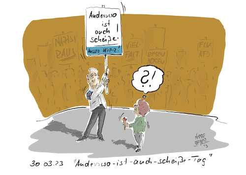 Cartoon: Heute ist ... (medium) by Jori Niggemeyer tagged anderswoistauchscheißetag,afd,noafd,politik,gesellschaft,gegendemo,ziellos,ahnungslos,niveaulos,planlos,nutzlos,scheiße,fckafd,neonazis,nonazis,nazisraus,anderswoistauchscheißetag,afd,noafd,politik,gesellschaft,gegendemo,ziellos,ahnungslos,niveaulos,planlos,nutzlos,scheiße,fckafd,neonazis,nonazis,nazisraus