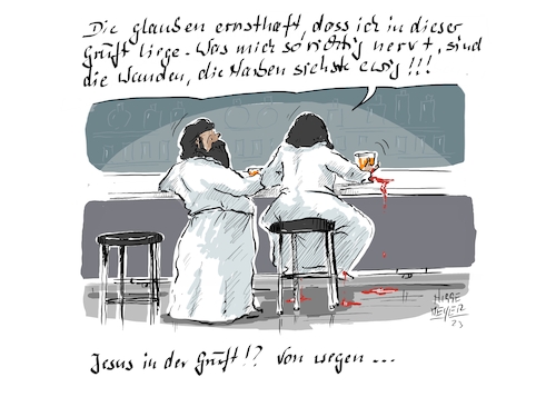 Cartoon: Karsamstag ... (medium) by Jori Niggemeyer tagged karsamstag,gruft,wunden,cocktailbar,narben,jesus,jesuschristus,kreuz,obsession,kreuzigung,ostern,ostern2023,osterfest,niggemeyer,jori,joriniggemeyer,karsamstag,gruft,wunden,cocktailbar,narben,jesus,jesuschristus,kreuz,obsession,kreuzigung,ostern,ostern2023,osterfest,niggemeyer,jori,joriniggemeyer