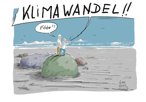 Cartoon: Nordsee ... (medium) by Jori Niggemeyer tagged klimawandel,nordsee,wasser,ebbe,meer,see,küste,findling,mann,frau,panik,krise,erderwärmung,klimawandel,nordsee,wasser,ebbe,meer,see,küste,findling,mann,frau,panik,krise,erderwärmung