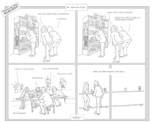 Cartoon: Spanische Fliege (medium) by Jori Niggemeyer tagged siebziger,cartoon,joricartoon,niggemeyer,erfahrung,erlebnis,clique,misserfolg,erfolg,test,ausprobieren,neugier,jugend,aphrodisiakum,liege,spanische