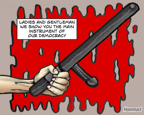 Cartoon: Democracy instrument (medium) by javierhammad tagged spain,riots,pope,visit,violence,democracy,politics,rage,spanien,aufstand,protest,demo,krawall,gewalt,polizei,gesellschaft,wut