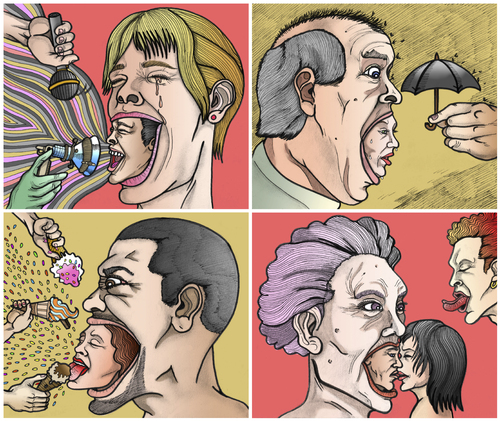 Cartoon: Screaming Heads (medium) by javierhammad tagged umbrella,sweet,protection,cream,ice,food,envy,love,desire,microphone,fame,scream,heads,surreal,illustration,liebe,leidenschaft