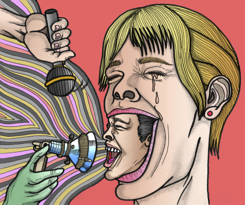 Cartoon: Screaming heads fame (medium) by javierhammad tagged surreal,heads,scream,fame,microphone,kopf,singen,musik