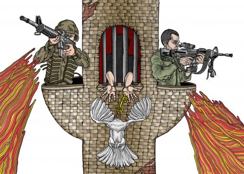 Cartoon: The last chance (medium) by javierhammad tagged peace,war,soldier,dove,tower,gun,weapon,surreal,scape,prisoner,jail,cage,inmate,politics,hope,illustration,illustrationen,krieg,soldaten,soldat,militär,hass,frieden,gewalt,friedenstaube,taube,knast,gefängnis,schlüssel,gefangener,gefangen,surreal