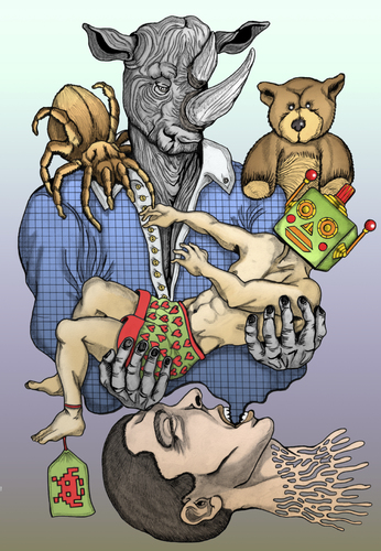 Cartoon: Total submission... (medium) by javierhammad tagged illustration,color,draw,surreal,rhino,robot,bear,tarantula,dream,monster,nightmare,illustration,surreal,mensch,maschine,roboter,technik,tier,tiere