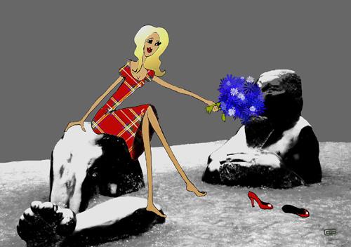 Cartoon: Blumenstrauss (medium) by gisela tagged blumen,frau,mädchen,schottenkaro,schuhe,statue