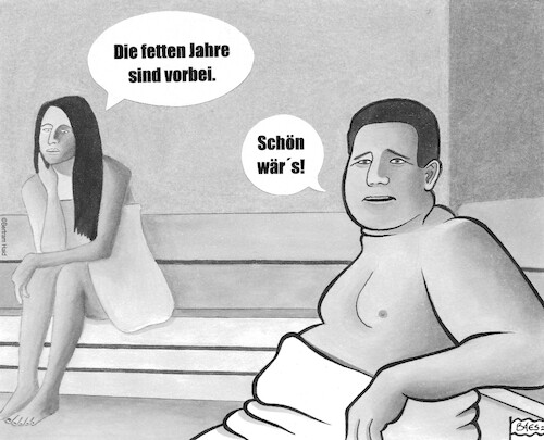 Cartoon: Fette Jahre (medium) by BAES tagged fett,fettejahre,abstieg,wirtschaft,krise,inflation,dick,sauna,fett,fettejahre,abstieg,wirtschaft,krise,inflation,dick,sauna