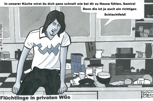 Cartoon: Flüchtlinge in privaten WGs (medium) by BAES tagged flüchtlinge,flucht,politik,wohngemeinschaften,haushalt,unordnung,krieg,unruhen,hachaos,küche,wg,flüchtlinge,flucht,politik,wohngemeinschaften,haushalt,unordnung,krieg,unruhen,hachaos,küche,wg