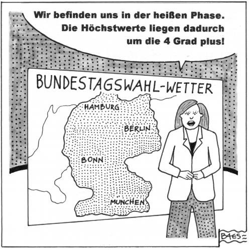 Cartoon: Heiße Phase (medium) by BAES tagged frau,wetterbericht,wahl,bundestagswahl,2009,wahlkampf,angela,merkel,frank,walter,steinmeier,wetterkarte,frau,wetterbericht,wahl,wahlen,wahlkampf,bundestagswahl,angela merkel,frank walter steinmeier,wetterkarte,wetter,nachrichten,angela,merkel,frank,walter,steinmeier