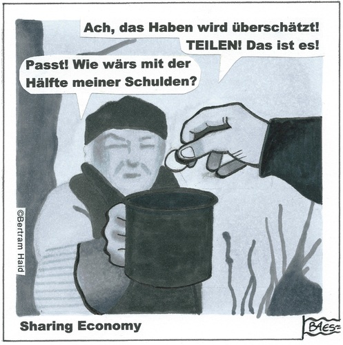 Cartoon: Sharing Economy (medium) by BAES tagged economy,sharing,obdachlos,betteln,spenden,geld,armut,arm,reich,reichtum,haben,teilen,wirtschaft,schulden,besitz,teilen,haben,reichtum,reich,arm,armut,geld,spenden,betteln,obdachlos,sharing,economy,wirtschaft,schulden,besitz