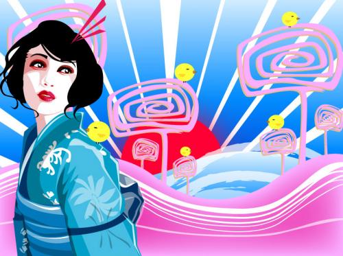 Cartoon: Geisha (medium) by azzumail tagged geisha,japan,orient,maiko,kimono,china,woman,landscape