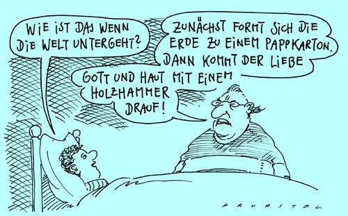 Cartoon: abgang (medium) by Andreas Prüstel tagged weltuntergang,karton,gott,holzhammer,weltuntergang,abgang,untergang,gott,holzhammer,hammer