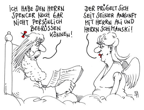 Cartoon: ali bud schimanski (medium) by Andreas Prüstel tagged bud,spencer,götz,george,schimanski,muhammad,ali,boxen,prügeln,gott,himmel,cartoon,karikatur,andreas,pruestel,bud,spencer,götz,george,schimanski,muhammad,ali,boxen,prügeln,gott,himmel,cartoon,karikatur,andreas,pruestel