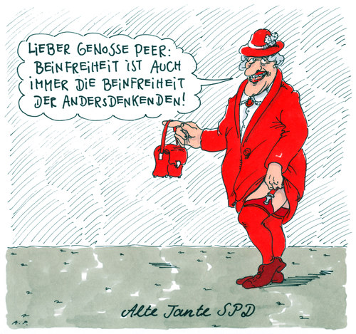 Cartoon: alte tante spd (medium) by Andreas Prüstel tagged rosa,abwandlung,zitat,parteilinke,beinfreihei,steinbrück,peer,kanzlerkandidat,spd,luxemburg,cartoon,karikatur,andreas,prüstel,spd,kanzlerkandidat,peer,steinbrück,beinfreihei,parteilinke,zitat,abwandlung,rosa,luxemburg,cartoon,karikatur,andreas,prüstel