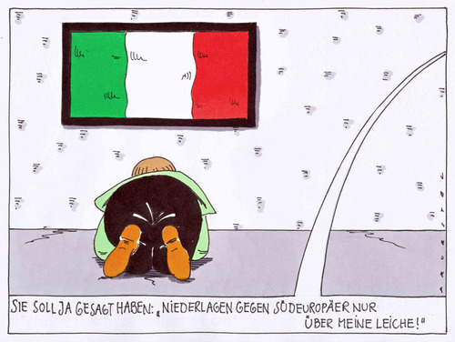 Cartoon: am boden (medium) by Andreas Prüstel tagged südeuropa,eugipfel,deutschland,italien,merkel,niederlage,halbfinale,fußballeuropameisterschaft,italien,spanien,fussball,fußball,em 2012,euro,2012,em