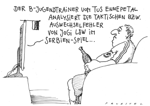 Cartoon: analyse (medium) by Andreas Prüstel tagged fußballweltmeisterschaft,trainer,löw,fußballweltmeisterschaft,trainer,löw,fußball,fussball,weltmeischerschaft,wm,2010,serbien,deutschland,verlieren,niederlage