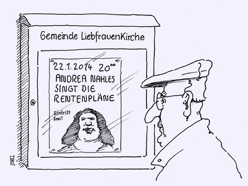 Cartoon: andrea nahles (medium) by Andreas Prüstel tagged pruestel,andreas,karikatur,cartoon,kirchengemeinde,gesang,bundesregierung,sozialministerin,und,arbeits,rentenpläne,spd,nahles,andrea,andrea,nahles,spd,rentenpläne,arbeits,und,sozialministerin,bundesregierung,gesang,kirchengemeinde,cartoon,karikatur,andreas,pruestel