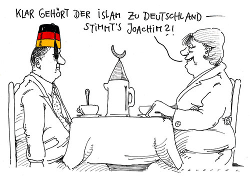 Cartoon: angela und joachim (medium) by Andreas Prüstel tagged merkel,islam,deutschland,fez,joachimsauer,kaffee,merkel,islam,deutschland,joachim sauer,kaffee,fez,joachim,sauer